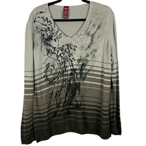Olsen Europe Cotton Cashmere Blend Long Sleeve V-Neck Graphic XXL Knit Sweater